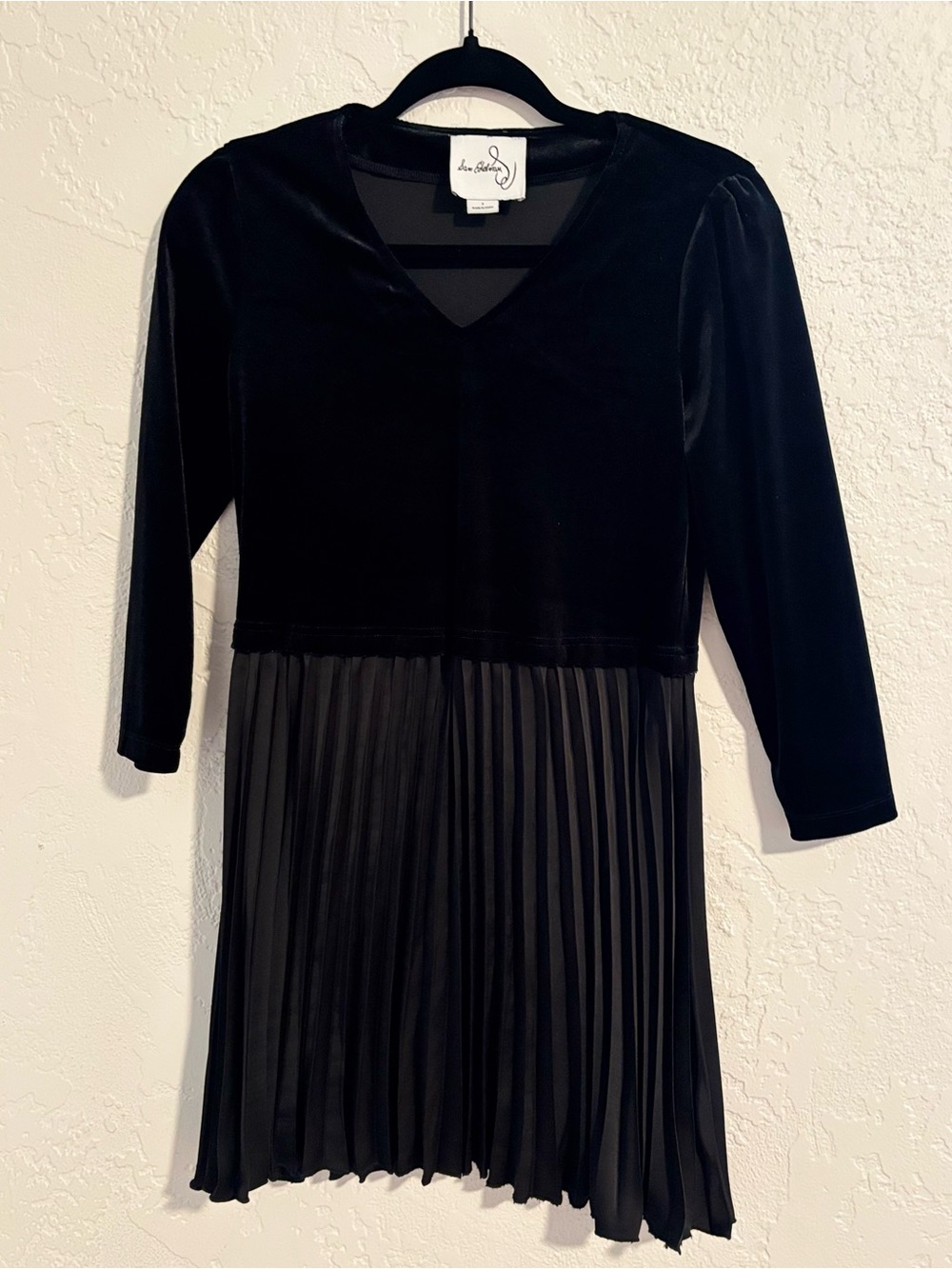 Sam Edelman Black Velvet Bodice Pleated Long-Sleeve Dress